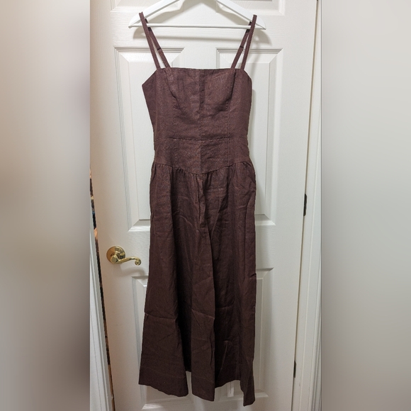 NWT Reformation Katarin Linen Cafe Brown Drop Waist Midi Dress Size 2 - Picture 2 of 5